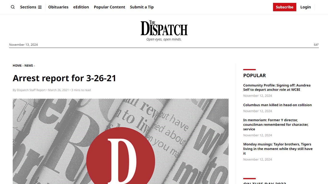 Arrest report for 3-26-21 - The Dispatch